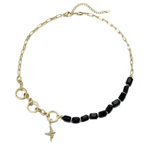 Ursina Gold-Plated Steel Chain Necklace with Lightning Bolt Motif & Blue/Black Natural Stones Black