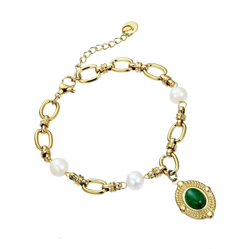 Usagi Gold-plated Steel Chain Bracelet with Freshwater Pearls & Green Natural Stone Pendant