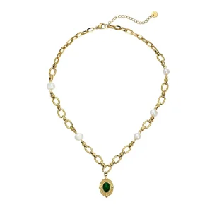 Usagi Gold-plated Steel Chain Necklace with Freshwater Pearls & Green Natural Stone Pendant