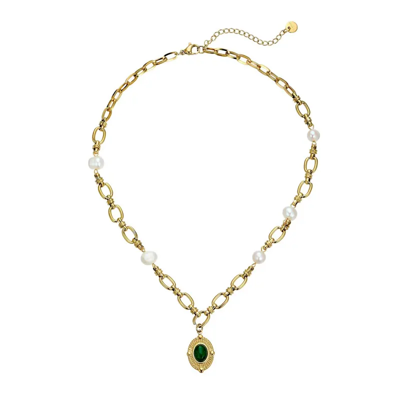 Usagi Gold-plated Steel Chain Necklace with Freshwater Pearls & Green Natural Stone Pendant