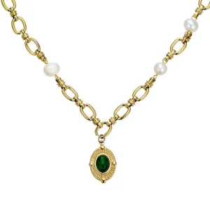 Usagi Gold-plated Steel Chain Necklace with Freshwater Pearls & Green Natural Stone Pendant zoom